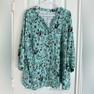 J Jill Women's Teal Birdy Half Buttoned Top Blouse size large